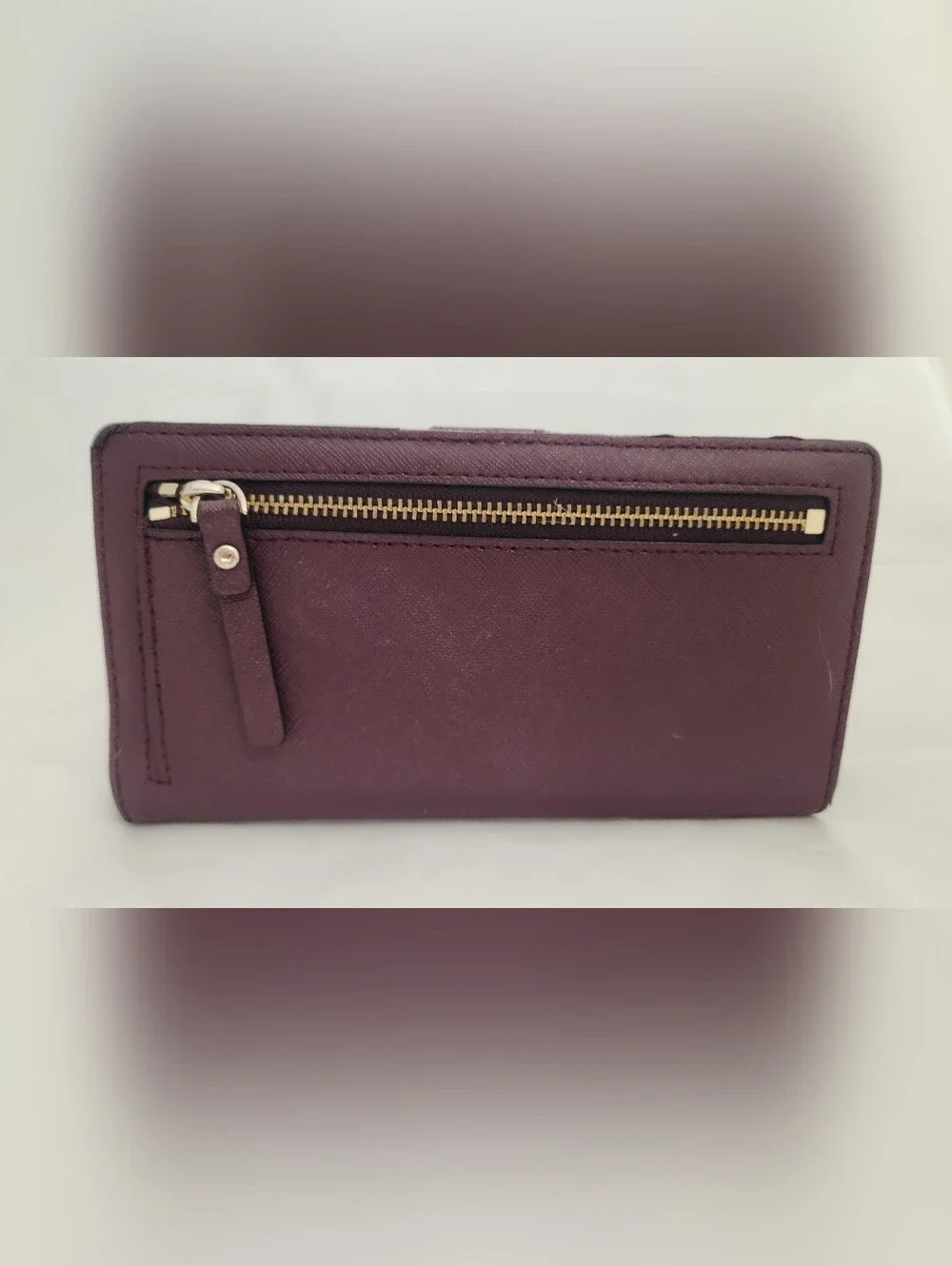 kate spade Plum Saffiano Zip-Around Wallet with Gold Logo Plaque Good Condition!